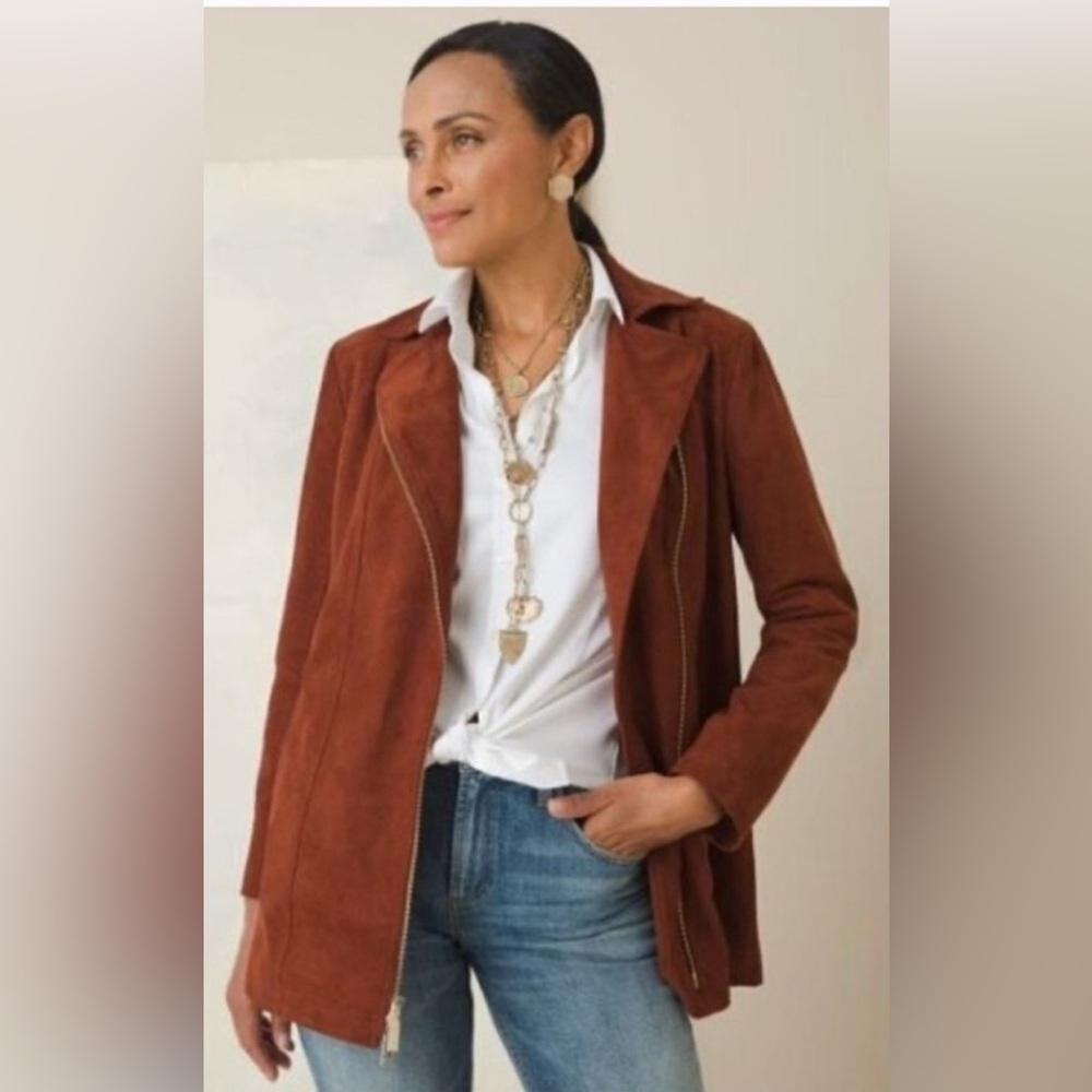 New Chicos Elongated Moto Jacket Luxe  Faux Suede in Rich Mahogany 4/6 Small